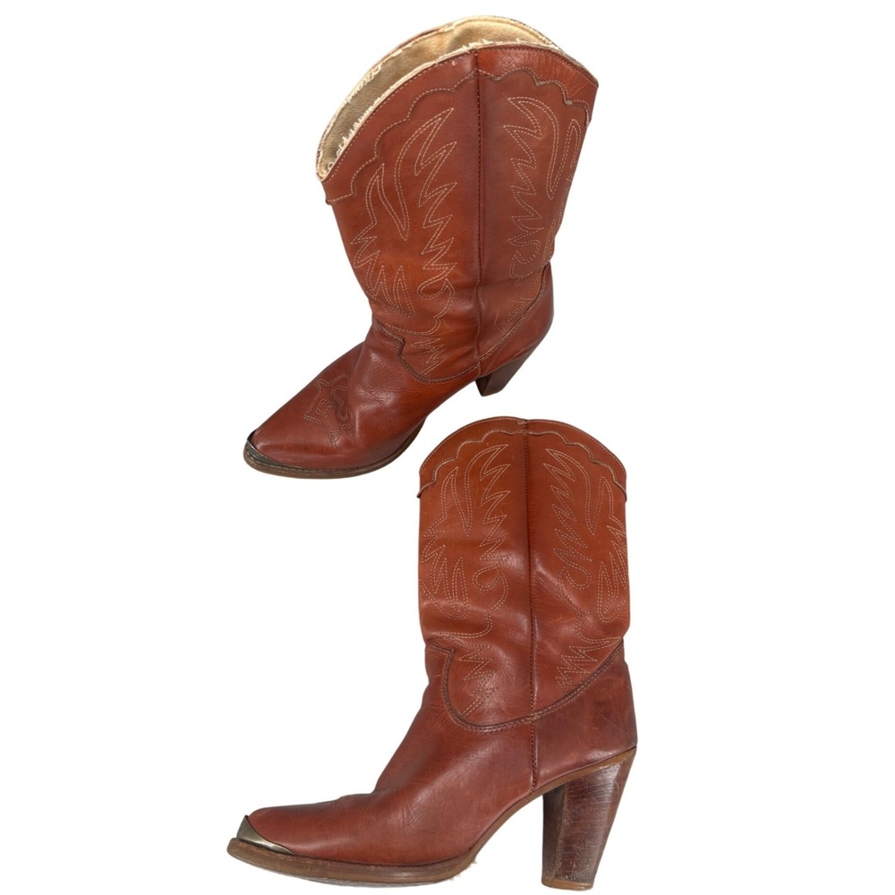 Vintage Zodiac Heeled Cowboy Boots Brown Cognac Leather Metal Toe Women's Size 8